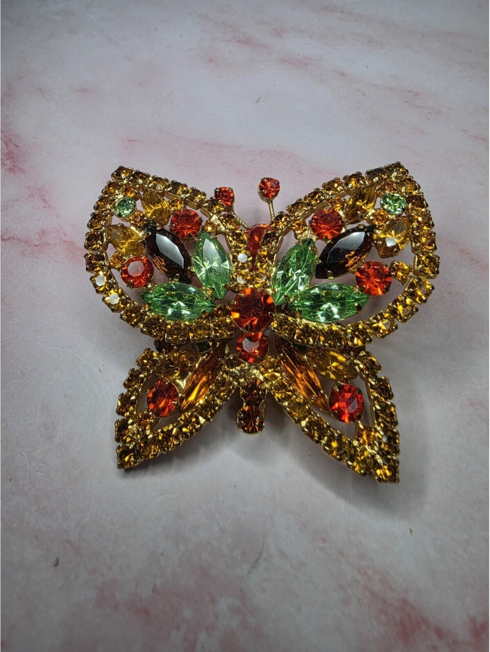 Vtg Rhinestone Butterfly Brooch Pin Orange Green Red Amber Gold Tone Large